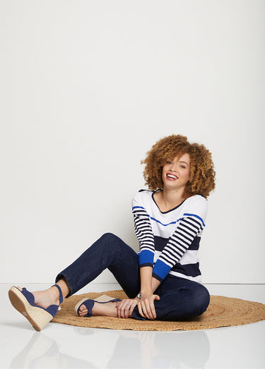 Pull manches 3/4 rayé Marine/Bleu