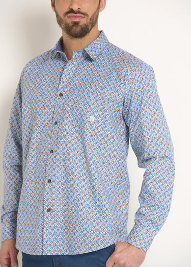 Chemise coton micro motif manches longues Bleu