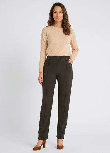 Pantalon droit taille élastiquée maille côtelée Marron
