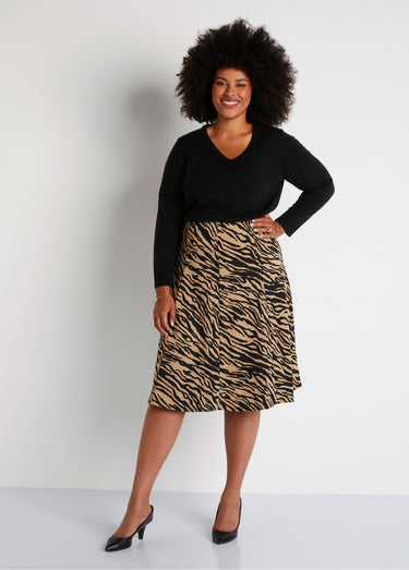 Jupe longue évasée maille jacquard Camel Zebre