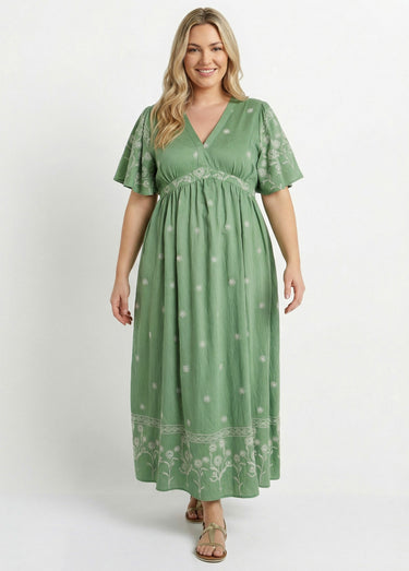 Robe longue unie, broderies ethniques Vert Tilleul
