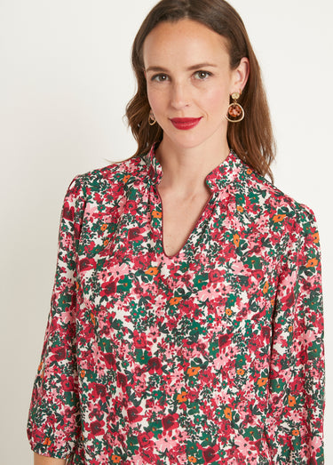 Tunique longue droite fleurie col V Rose/Vert