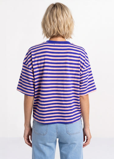 T-shirt col rond, rayures contrastées Bleu/Rose