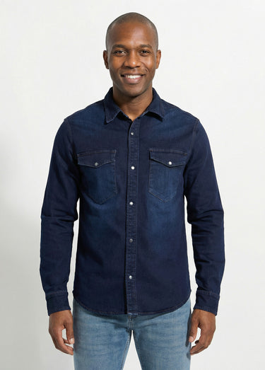 Chemise en jean brut, pressions métal Bleu