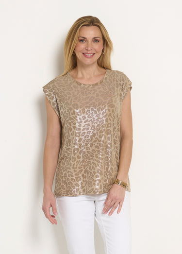 T-shirt sans manches motif léopard métallisé Taupe Irise