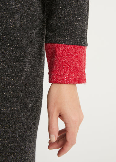 Robe courte droite maille chaude col rond Noir/Rouge