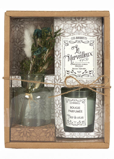 Coffret bougie parfumée + fleurs séchées bouquet Fleur de coton