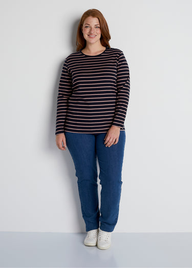 T-shirt marinière court coton manches longues Marine/Rose