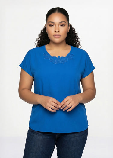 Top long manches courtes broderies col rond Bleu