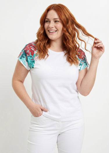 T-shirt court blanc motif sequins col rond Fond Blanc
