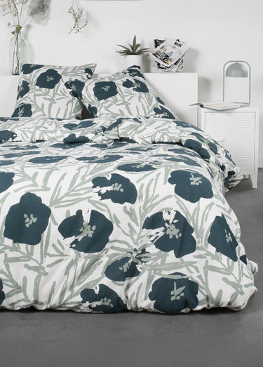 Parure flanelle 240 x 220cm, Coquelicots Vert/Blanc