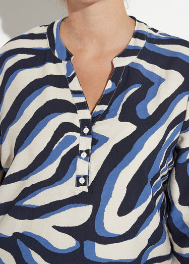 Blouse col V boutonné motif abstrait Bleu / Écru