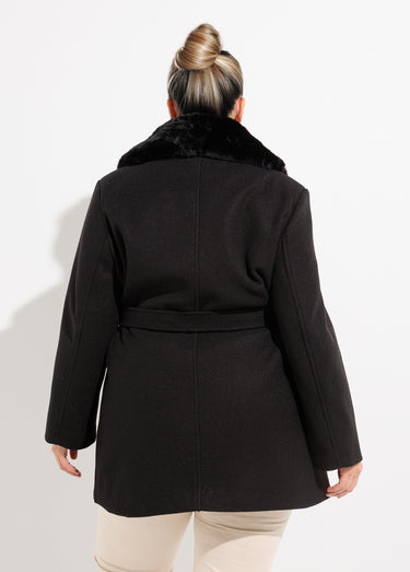 Manteau toucher laineux col fourrure Noir