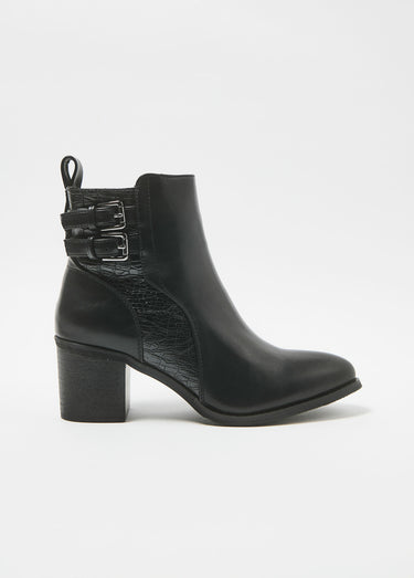 Boots à talon empiècement effet reptile Noir