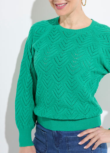 Pull doux court col rond uni ajouré Vert