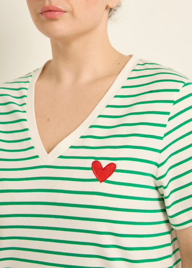 T-shirt rayé col V avec broderie cœur Raye Vert