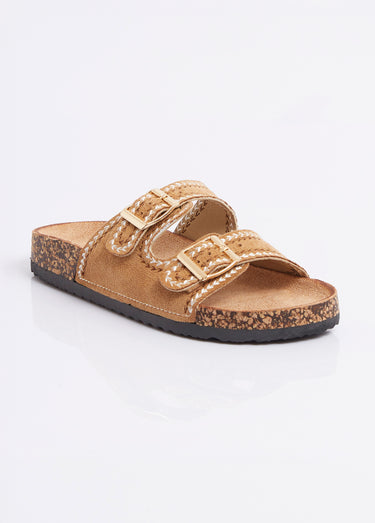 Mules folk à boucles, semelle type liège Camel