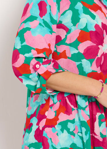 Robe-chemisier courte fleurie manches 3/4 retroussables Rose / Bleu