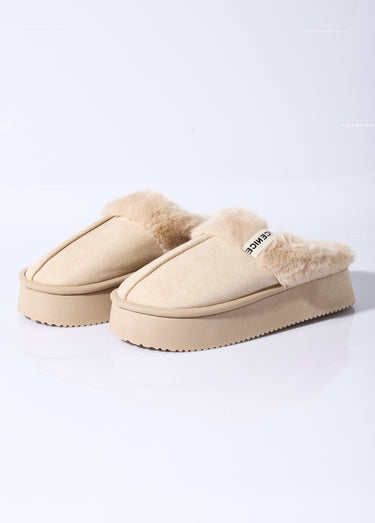 Mules compensées fourrées dessus suédine Beige