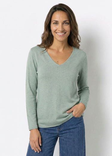 Pull fin avec angora et laine, col V Vert Amande