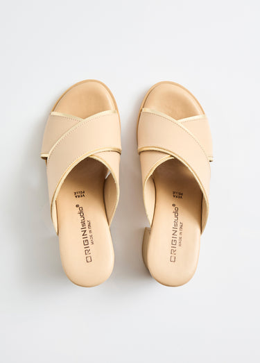 Mules brides croisées talon effet bois Beige