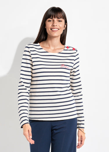 Marinière boutons épaule forme cœur Blanc Raye Marine