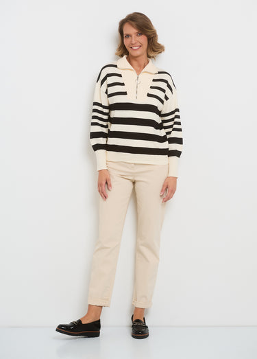 Pull col montant zippé à rayures Ecru Raye