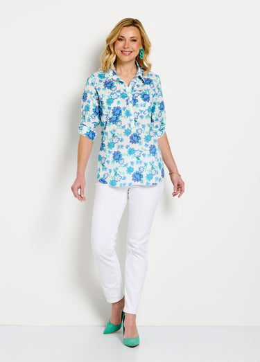 Chemisier boutonné long coton imprimé fleurs Imprime/Bleu