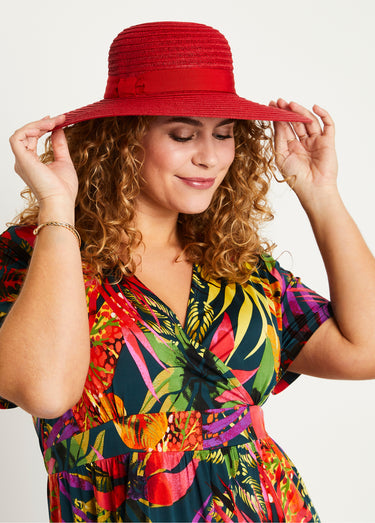 Chapeau en paille tressée style capeline Rouge