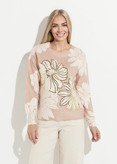 Pull fin imprimé fleurs sequins col rond Beige