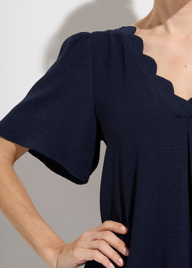 Robe droite courte col V festonné Marine