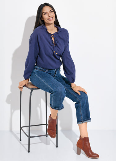 Blouse ample col V fantaisie lien à nouer Marine