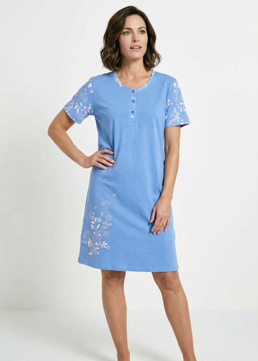 Chemise de nuit courte col tunisien coton Bleu