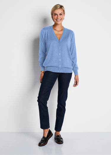 Gilet boutonné col V avec laine mérinos Bleu Nuage