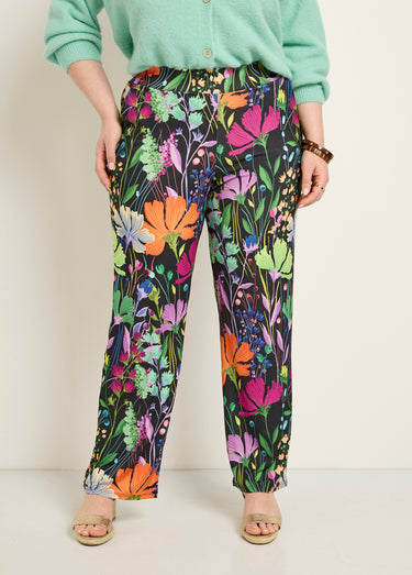 Pantalon fluide stretch, fleuri poétique Imprime Fond Noir