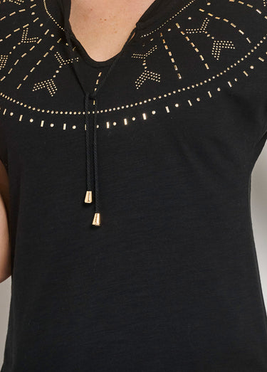 T-shirt court uni clouté maille flammée Noir
