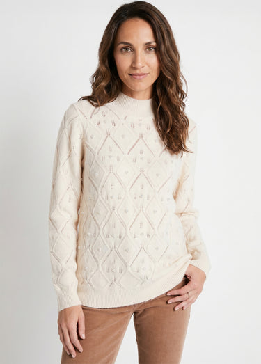 Pull doux ajouré perlé col montant Ecru
