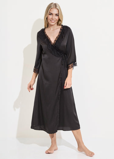 Nuisette longue + déshabillé satin dentelle Noir