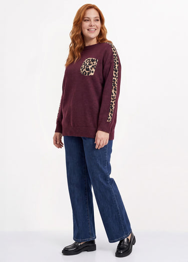 Pull maille avec laine et détails léopard Bordeaux