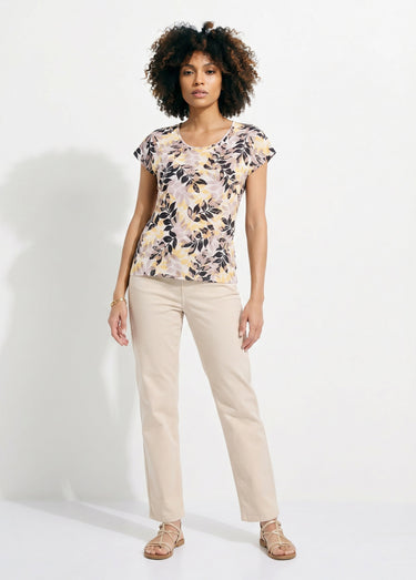 T-shirt manches courtes imprimé feuillage col rond Beige/Noir