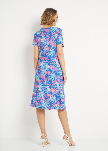 Robe courte droite évasée imprimé feuillage Bleu/Rose