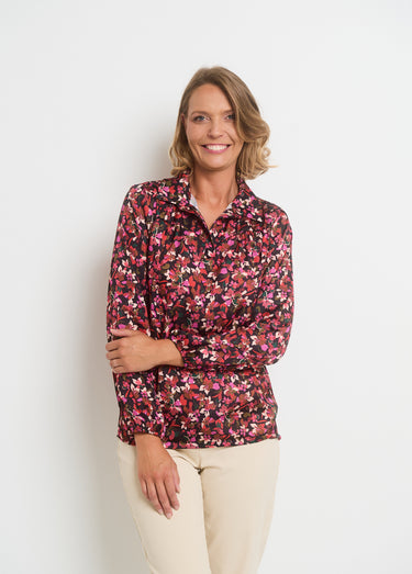 Blouse imprimée col V manches élastiquées Rouge/Noir