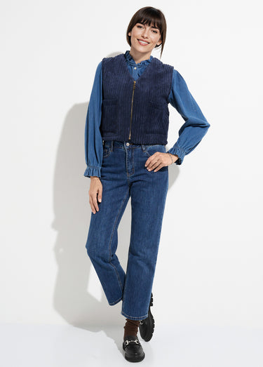 Veste zippée col V sans manches velours Marine