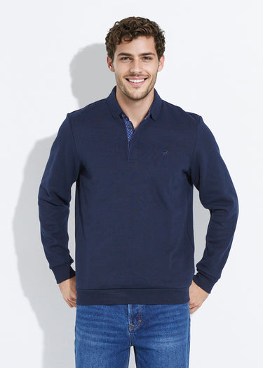 Sweat col polo, intérieur molletonné Marine