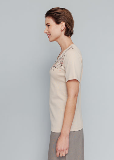 T-shirt manches courtes col motif clouté Sable