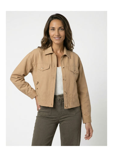 Veste courte en denim, détails ajourés Camel