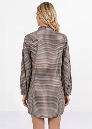 Robe chemisier à carreaux, col plissé Carreaux Marron