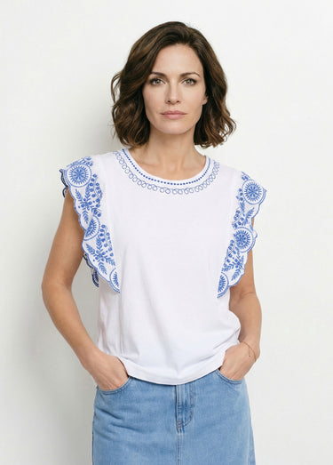 T-shirt brodé jersey et voile coton Blanc / Azur