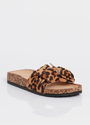 Mules plates effet liège avec nœud tissu Leopard