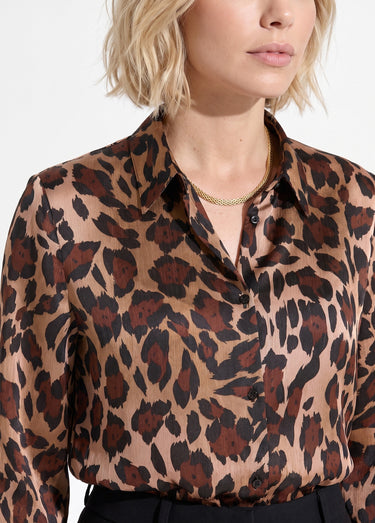 Chemisier boutonné satin manches longues Imprime Marron